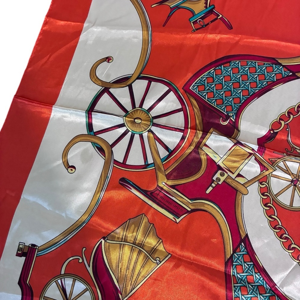 MOSI Orange, White & Gold Carriage-Print Silk-Feel Square Scarf - Picture 3 of 10